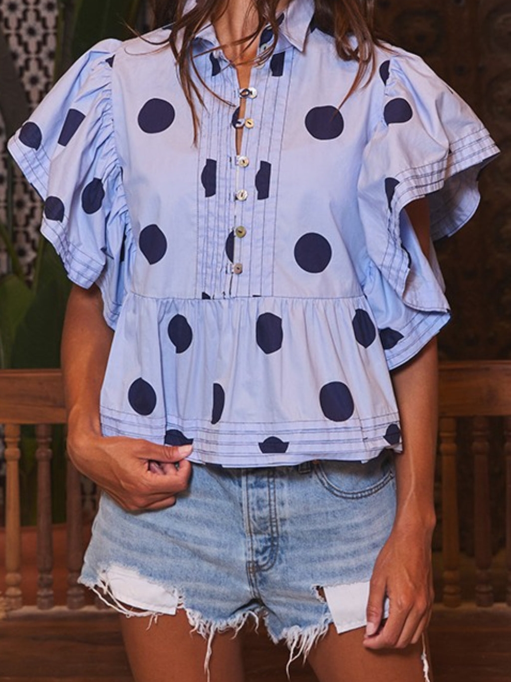 BUCKETLIST Light Blue Blouse with Navy Polka Dots